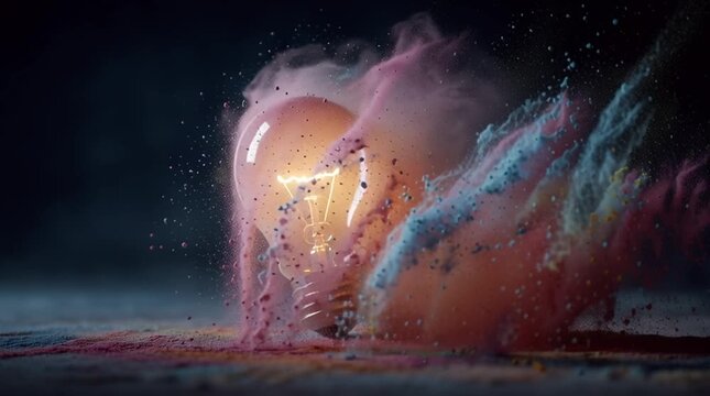 Illuminated light bulb exploding with colorful powder, symbolizing creativity and ideas