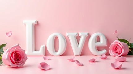 White love word standing on pink background with roses and scattered petals. Valentine&rsquo;s Day romantic concept with soft light, pastel colors and gentle floral details
