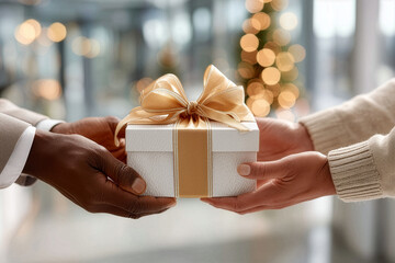 Festive corporate present being handed between two adult business people in a modern office interior. Concept of professional gratitude, inclusive teamwork, and Christmas season corporate gifting