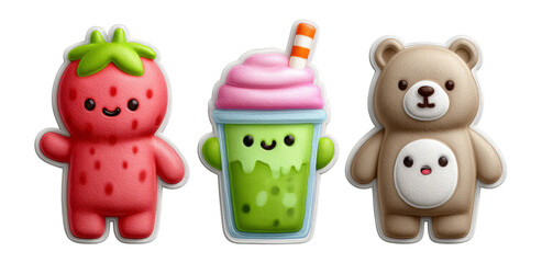 Colorful Cute Characters: Strawberry, Drink, and Bear on Transparent Background
