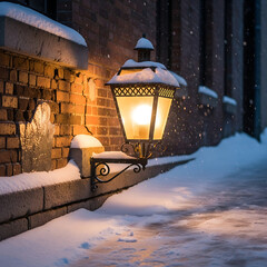 Snowy evening street lamp