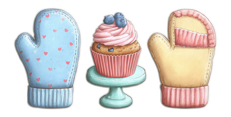 Cute Baking Mitts and Cupcake with Blueberries on a Transparent Background
