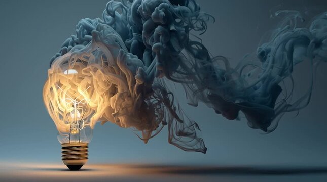 Illuminated light bulb with dark blue ink diffusion in water