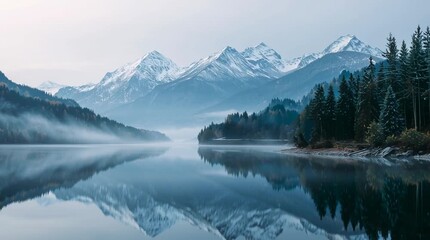 Misty morning reflection of snow capped mountains and pine forest on lake