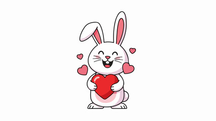 Obraz premium Cheerful white rabbit with pink ears and red hearts on neutral background
