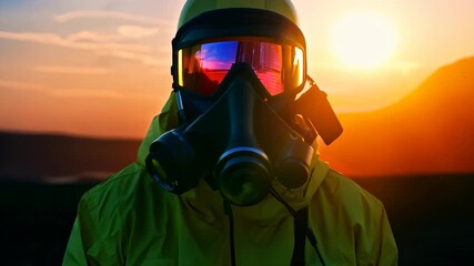 A man wearing a bright yellow jacket and gas mask stands against a sunset backdrop. The gas mask and vibrant colors accentuate the dramatic mood of this outdoor scene.