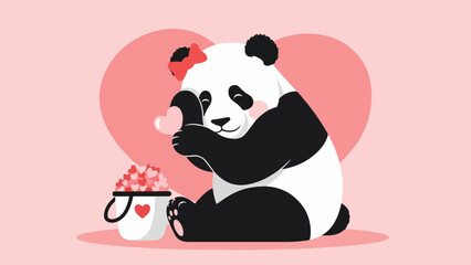 Black and white panda holding a heart shape with a teacup and red flowers on a soft pink background