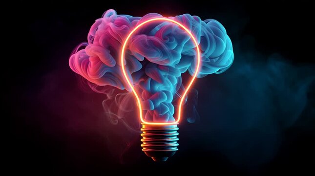 Glowing light bulb outline filled with colorful smoke on black background
