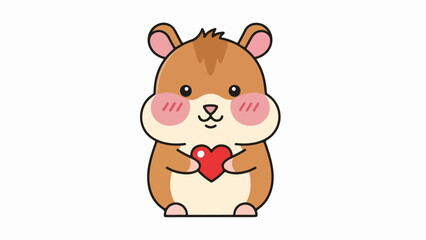 Fototapeta premium Cartoon hamster holding a red heart on a beige background