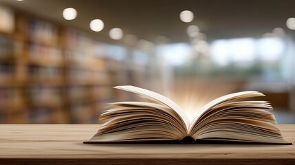 Open book illuminated on wooden table in library setting  