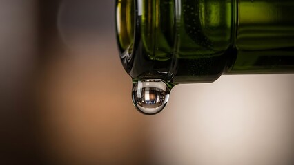 Macro View of a Crystal Clear Water Drop Hanging from a Green Glass Bottle Neck