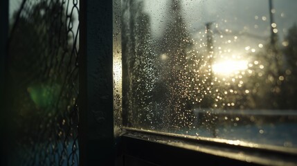 Raindrops on a window during sunset in a quiet urban setting with soft lighting