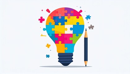Creative idea lightbulb with puzzle pieces and pencil