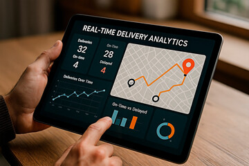 Man holding a tablet for Real-Time Delivery Analytics on a wood table,concept of Tracking and Technology.