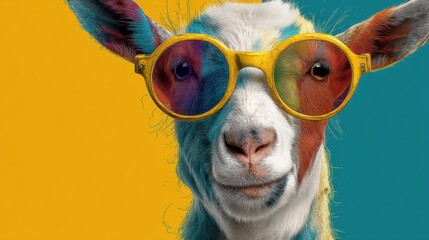 A goat stands confidently wearing oversized colorful sunglasses that enhance its playful appearance. The background features vibrant yellow and blue colors creating a lively setting.