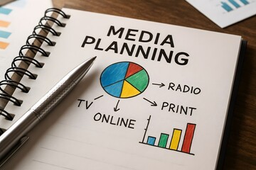 Media planning notebook on the table for the concept of advertising strategy.