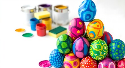 Colorful hand-painted Easter eggs decoration. Holiday craft activity with paint supplies on white background. Spring celebration banner or backdrop