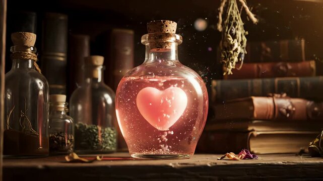 Magical potion with glowing heart in a bottle surrounded by antique books and herbs on a wooden shelf