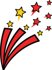 Vibrant cartoon firework burst with bold red streaks and shooting yellow and red stars.
