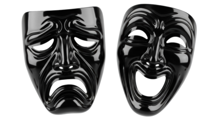 Comedy and tragedy masks isolated PNG, black theatrical masks representing drama and emotion on transparent background