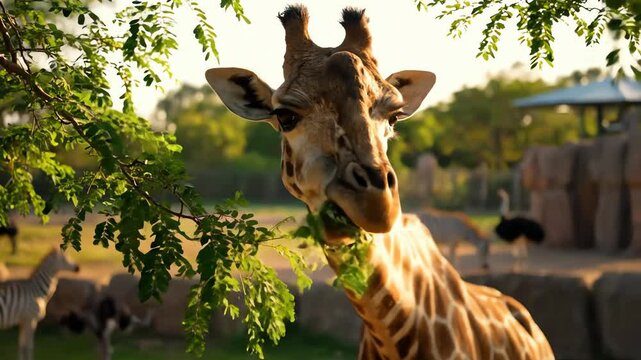 Close up of a giraffe eating leaves from a tree in a zoo enclosure with zebras and ostriches in background