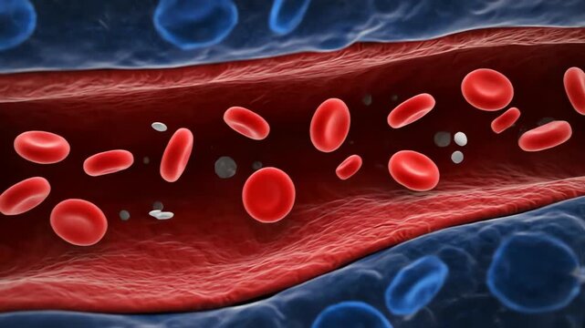 Microscopic view of blood cells flowing through a capillary artery in a detailed medical animation