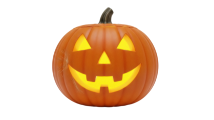 Glowing jack-o -lantern isolated PNG, carved pumpkin with spooky face for Halloween decoration and autumn holiday design on transparent background