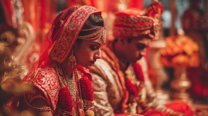 A bride and groom are sitting together in a red and gold decorated room. The bride is wearing a red sari and the groom is wearing a red turban. Scene is one of celebration and happiness