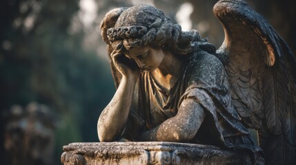 A statue of an angel is sitting on a stone pedestal. The angel is looking down and he is in a state of deep thought. The statue is surrounded by a peaceful and serene atmosphere