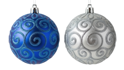 Blue and silver Christmas ornaments with glitter swirls isolated PNG, festive holiday decorations for seasonal design projects