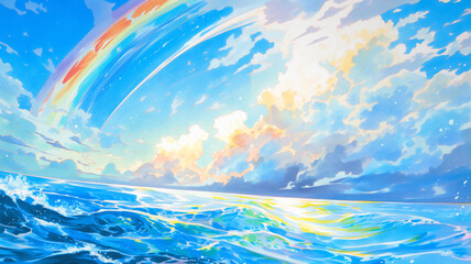 やさしい光と虹が彩る草原の幻想風景イラスト｜自然・癒し・雲・空・虹・草・アニメ背景・手描き・イメージ素材・ストーリー演出に使える美しい風景画