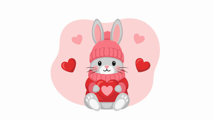 Seated rabbit with pink knit hat and sweater on soft pink background with red hearts