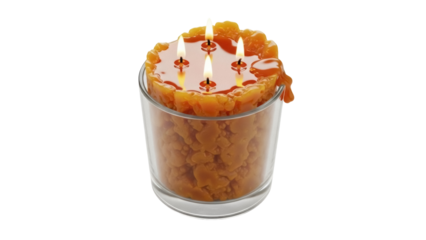 Burning orange candle in glass isolated PNG, aromatic wax with multiple wicks for home decor and relaxation on transparent background