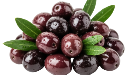 Pile of fresh black olives with green leaves isolated PNG, shiny and wet olives on transparent background for healthy eating concepts
