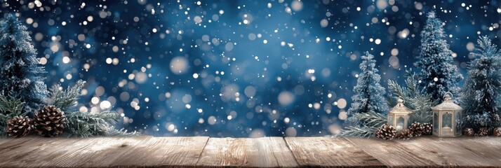 a wide panoramic background of snow and pine trees with christmas decorations on a wooden table, a blue night sky with stars and bokeh lights in the background Generative AI