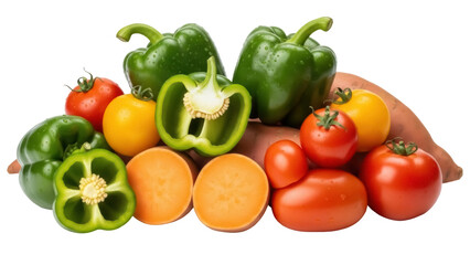 Fresh green bell peppers and tomatoes isolated on transparent background PNG, colorful vegetables for healthy eating and cooking concepts