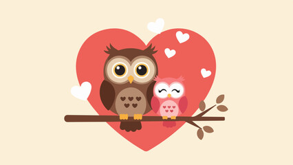 Fototapeta premium Two stylized owls perched on a branch with a red heart background