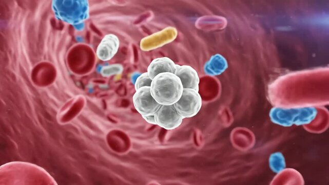 Microscopic view of blood cells and bacteria flowing through a blood vessel
