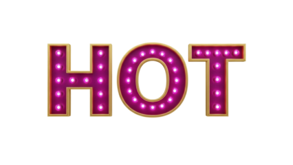 Bright pink HOT sign with gold trim isolated PNG, illuminated marquee letters for retro style design and advertising