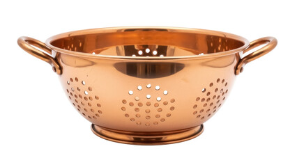 Copper colander isolated PNG on transparent background, kitchen utensil for draining pasta and...