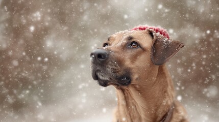 Obraz premium Dog enjoys snowfall while wearing a red hat in a winter landscape with falling snow