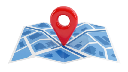 Red location pin on a blue map isolated PNG, navigation and travel concept for graphic design and marketing materials