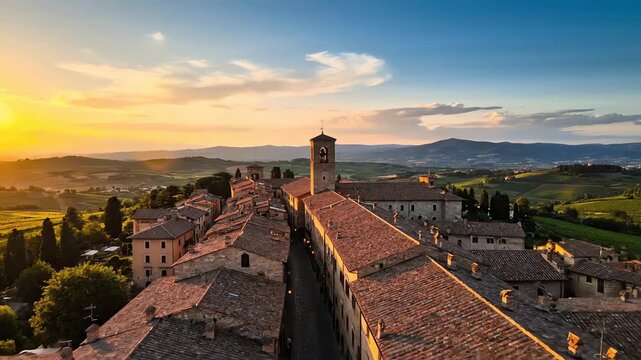 Scenic Italian hilltop village aerial view at golden hour with rolling hills and vineyards