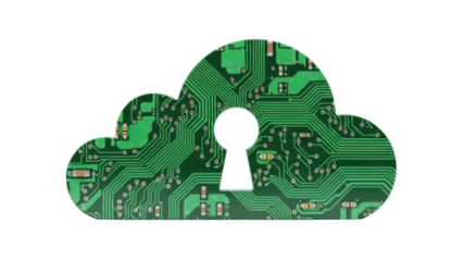 Green circuit board cloud with keyhole PNG isolated, secure cloud computing and data protection concept for technology and cybersecurity