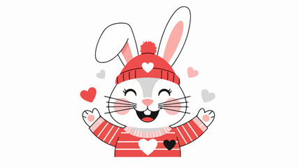 Fototapeta premium Cheerful rabbit with red hat and sweater, surrounded by floating hearts, vector illustration