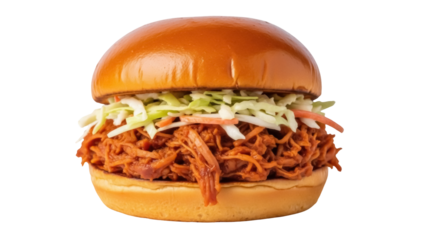 Delicious pulled pork sandwich with coleslaw isolated on transparent PNG, savory BBQ meat on brioche bun for restaurant menu and food blog