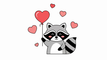 Fototapeta premium Whimsical illustration of a friendly raccoon holding a red heart-shaped balloon with floating hearts