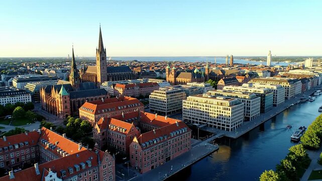 Stunning aerial drone view of historic cityscape and riverfront buildings at sunrise