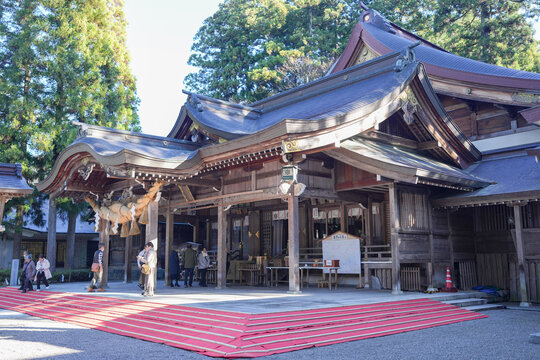 A group of people are standing outside a building with a red carpet leading up to it. The building has a traditional Japanese style and he is a temple or shrine