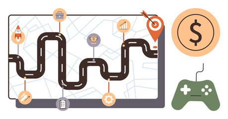 Business journey roadmap on screen with milestones, target, rocket, and gear. Dollar coin and game controller emphasize gamification. Ideal for strategy, goals, finance, gaming progress tech